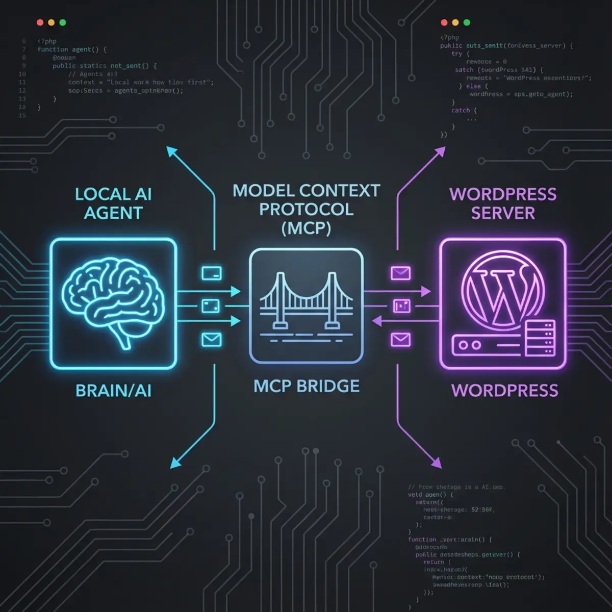 Diagram showing AI Agent connecting to WordPress via MCP Server