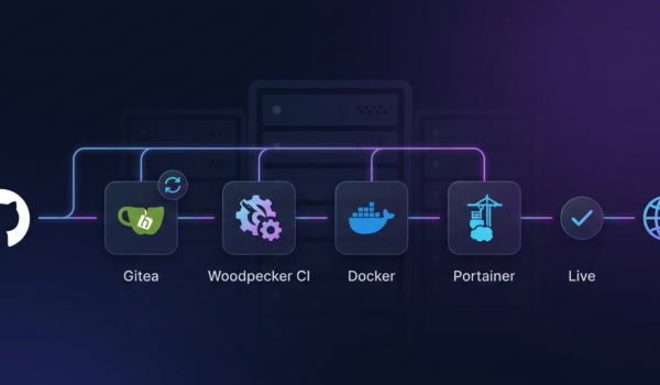 Self-hosted CI/CD pipeline overview showing GitHub, Gitea, Woodpecker, Docker, and Portainer flowing from left to right