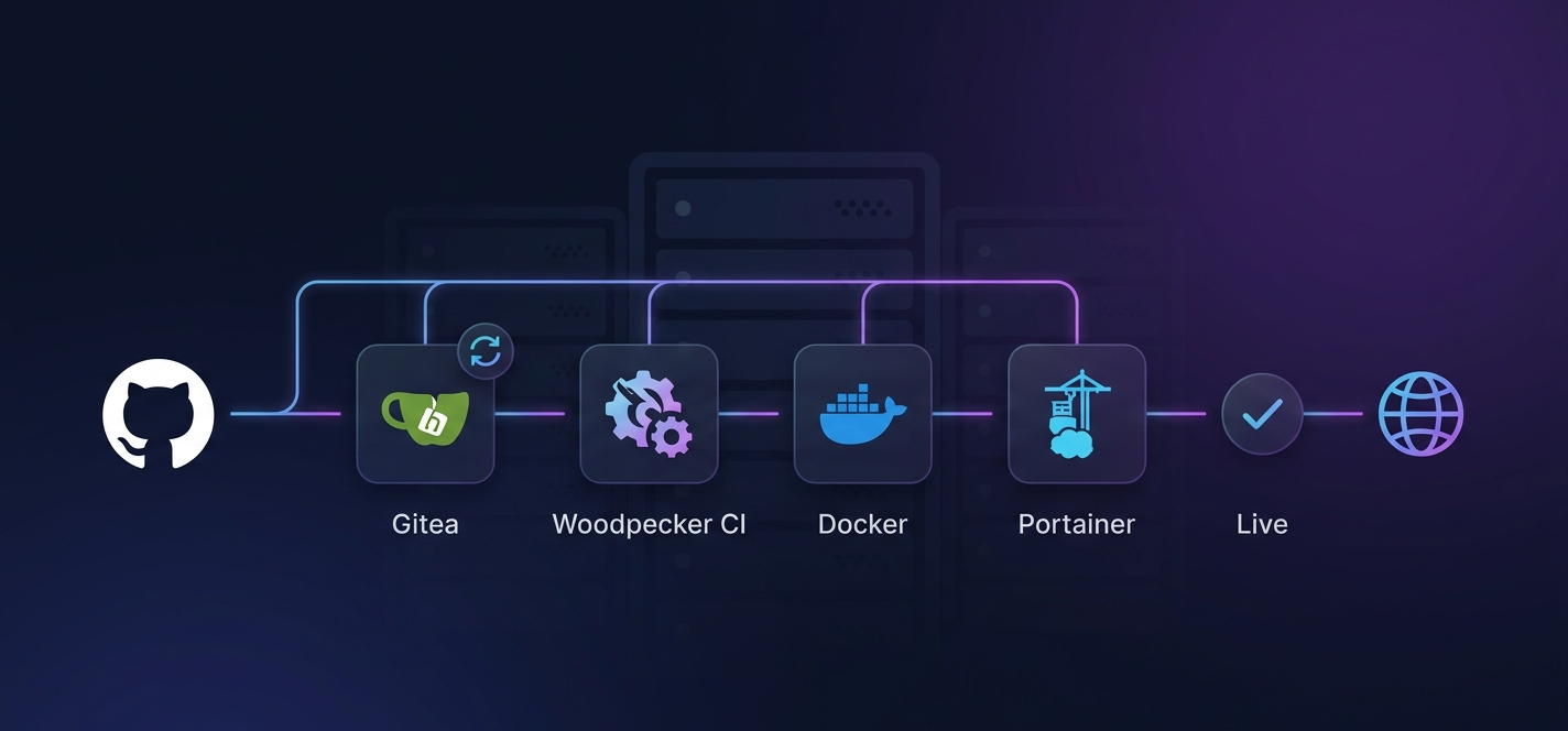 Self-hosted CI/CD pipeline overview showing GitHub, Gitea, Woodpecker, Docker, and Portainer flowing from left to right