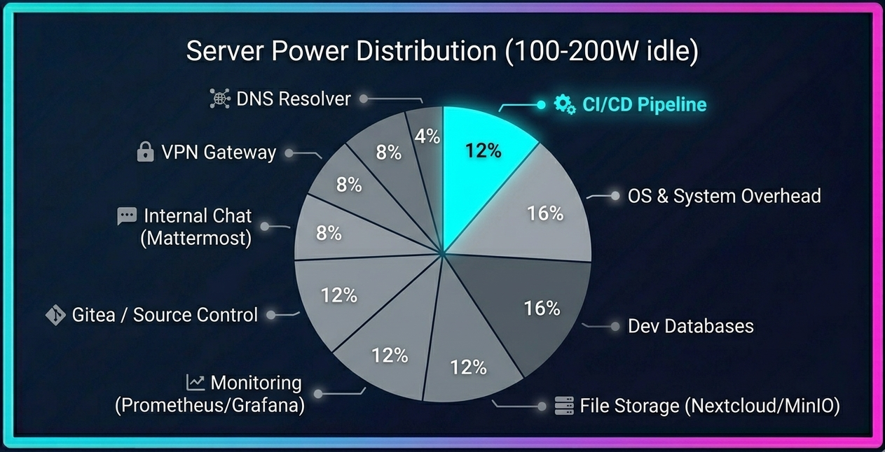 Pie chart showing server power distribution across 8 workloads with CI/CD being just 12% of total power consumption