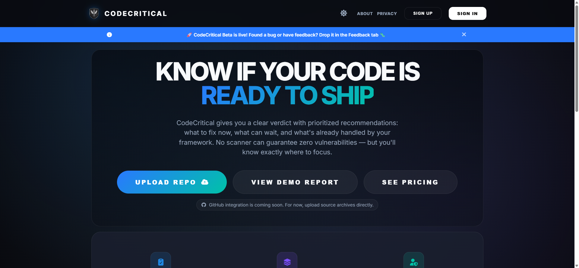 CodeCritical landing page