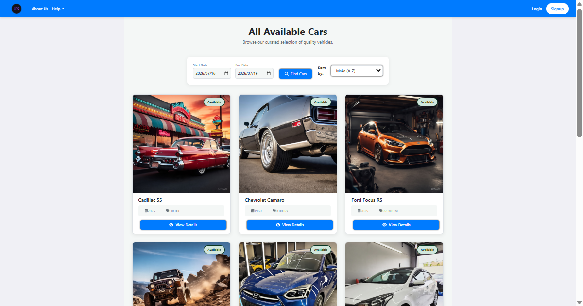 OnTheGoRentals Car Listing Page