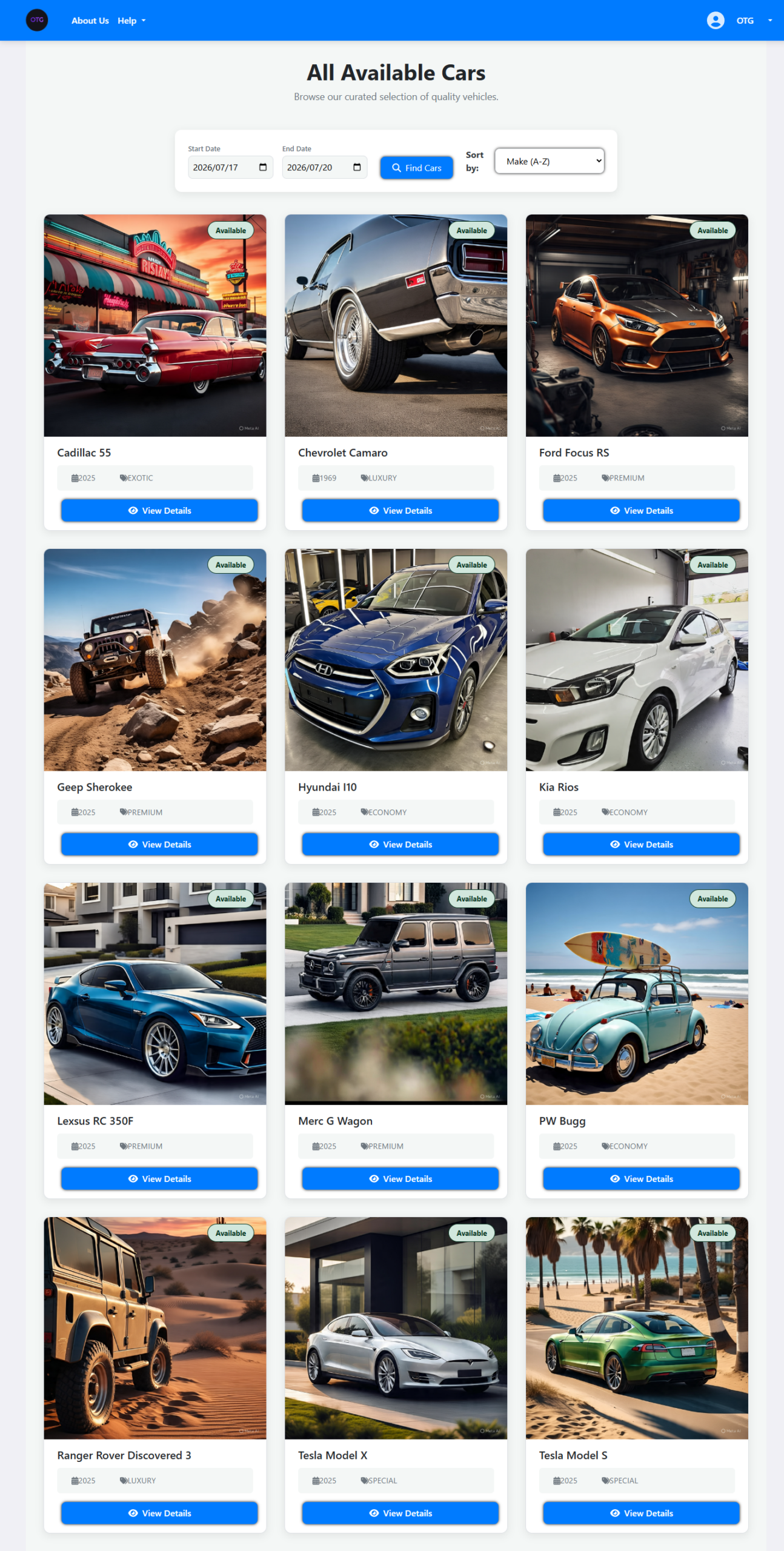OnTheGoRentals Car Listing Page
