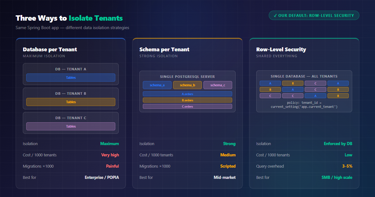 Three tenant isolation models compared: database per tenant, schema per tenant, row-level security