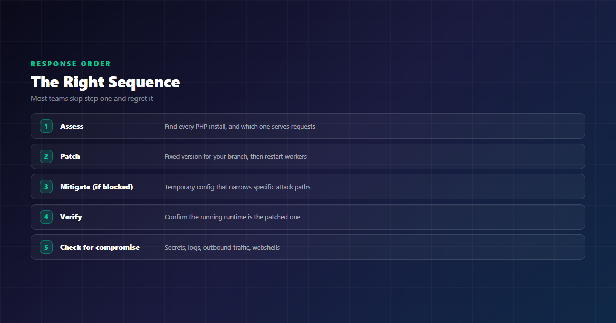 Response sequence: assess, patch, mitigate, verify, check for compromise