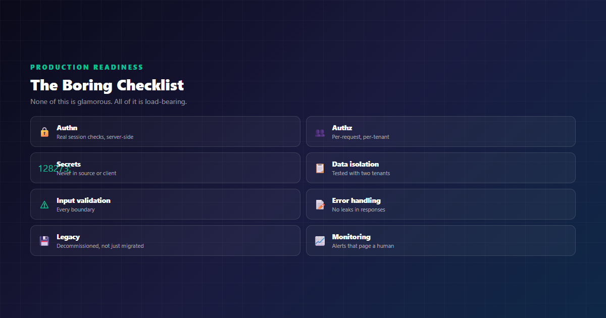 Production readiness checklist: auth, secrets, data isolation, decommissioning