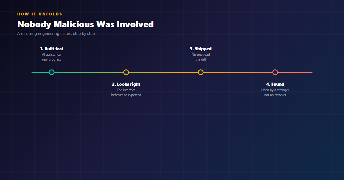How the failure unfolds: built fast, looks right, shipped, found by a stranger